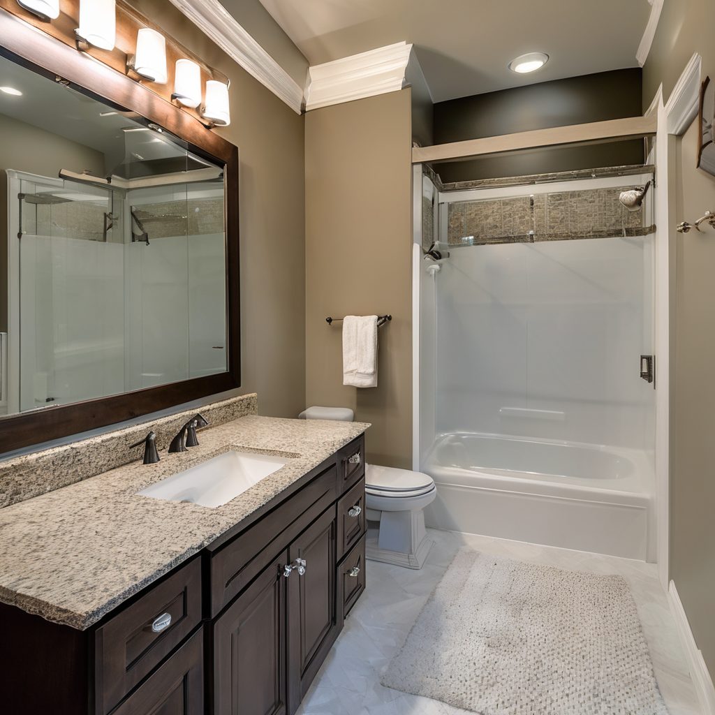 Quality bathroom renovation showing new fixtures, custom tile work, elegant vanity cabinetry, and professional construction