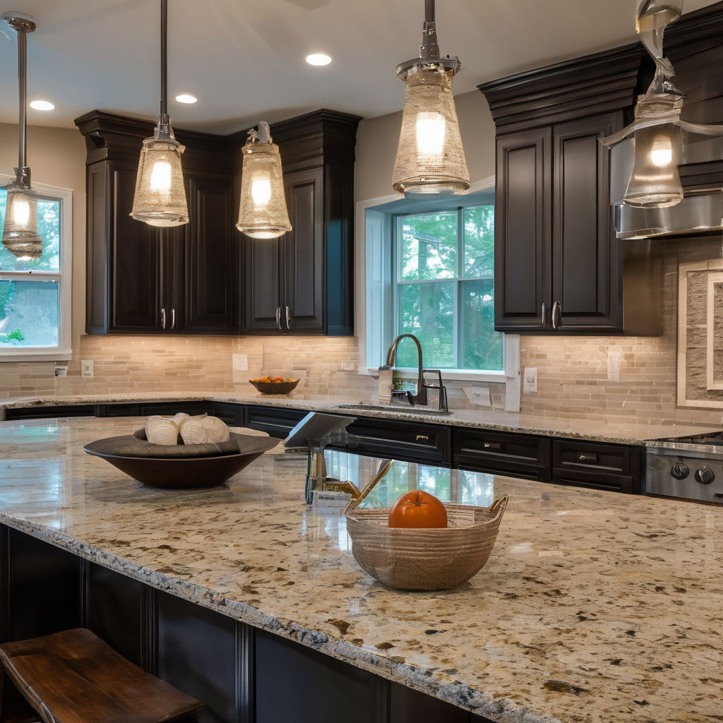 Premium kitchen countertop installation with high-end granite surfaces and professional fixtures