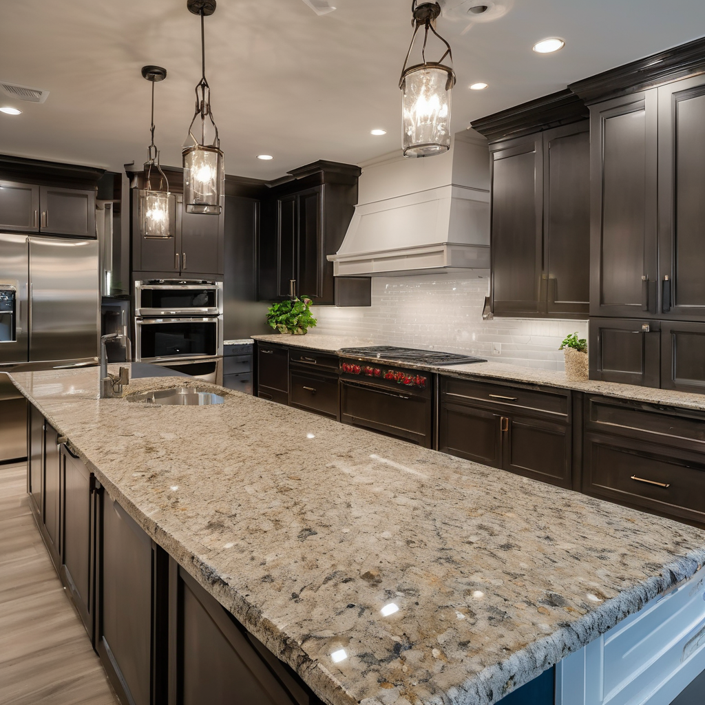 Premium kitchen countertop installation with high-end granite and quartz materials, luxury finishes and professional fixtures
