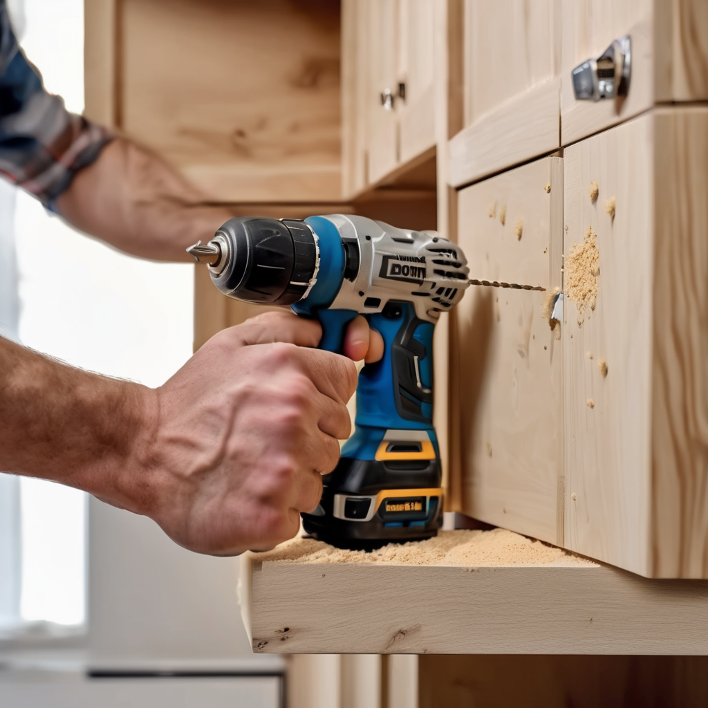 Professional craftsperson carefully fitting custom kitchen cabinetry with precision tools and leveling equipment during installation