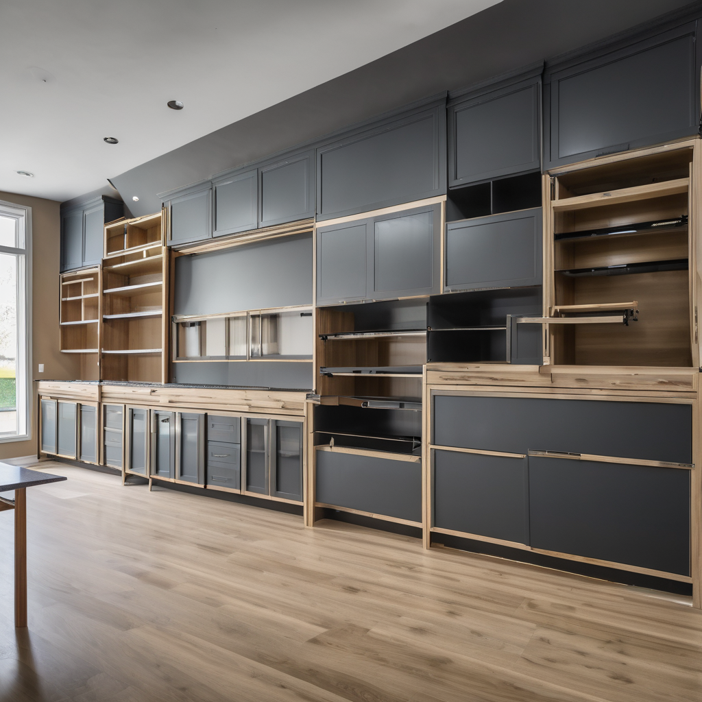 Skilled craftsperson performing kitchen cabinet installation, measuring and aligning custom cabinetry with professional-grade tools and hardware