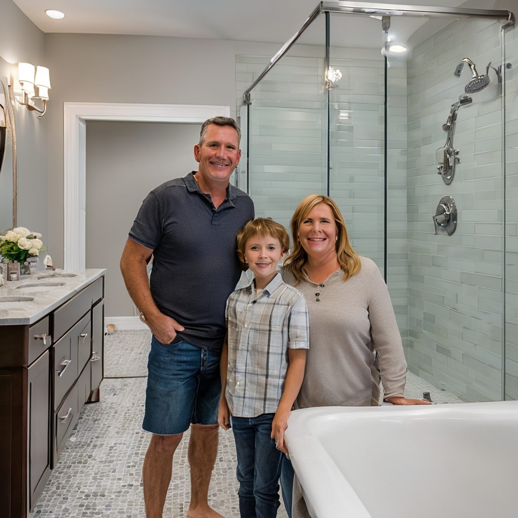 Satisfied homeowner in beautifully renovated bathroom with new fixtures and tile installation