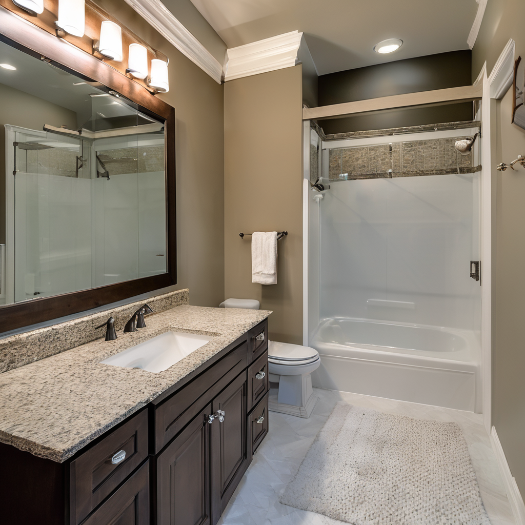 Quality bathroom renovation showing new fixtures, custom tile work, elegant vanity cabinetry, and professional construction