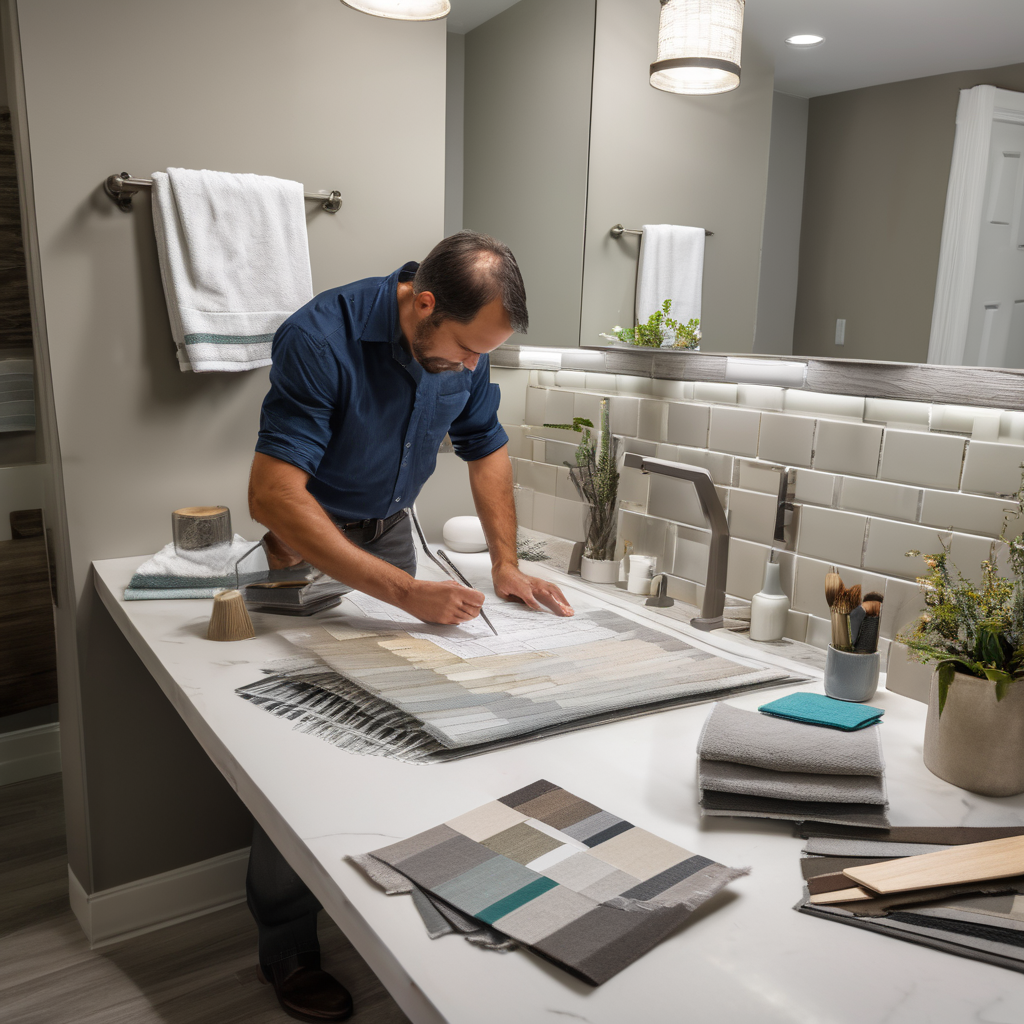 Professional designer working on bathroom remodeling project plans with floor layouts and color samples