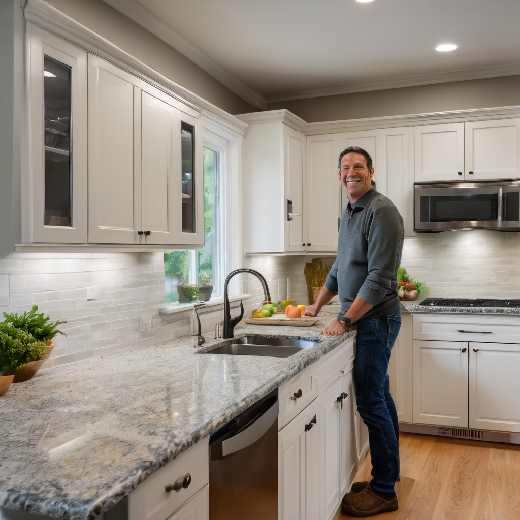 Happy homeowner admiring beautiful new kitchen countertops after installation with new fixtures visible