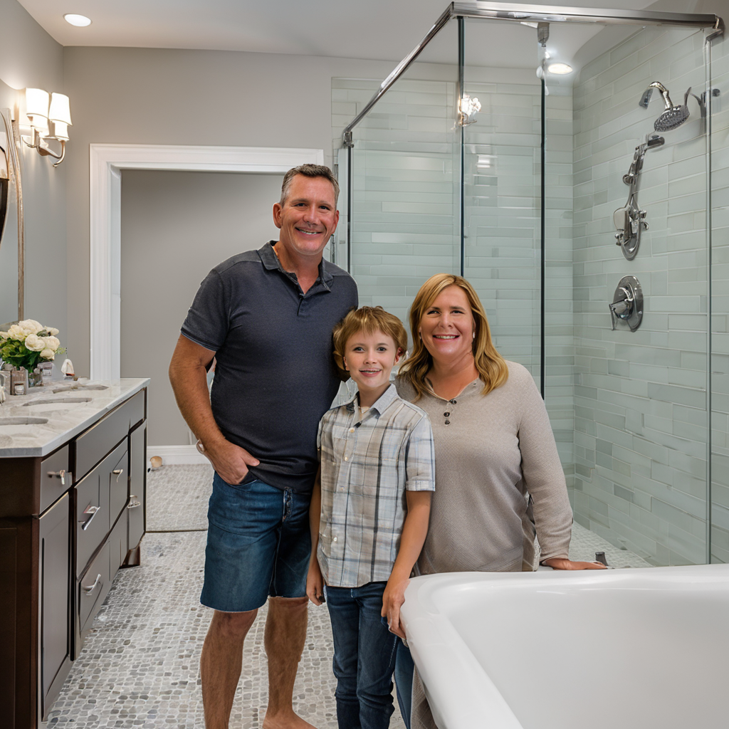 Satisfied homeowner in beautifully renovated bathroom with new fixtures and tile installation